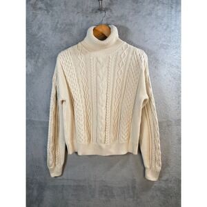 Gap Cable Knit Turtleneck Sweater Women Large Tall Cream Cotton Chunky Fisherman